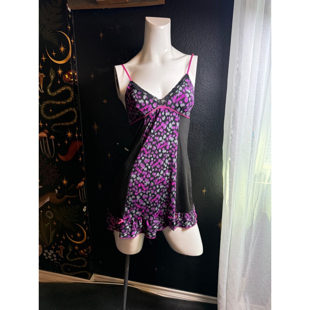XOXO Women Purple Leopard Print Babydoll Chemise Lace Trim Sleepwear Size S
